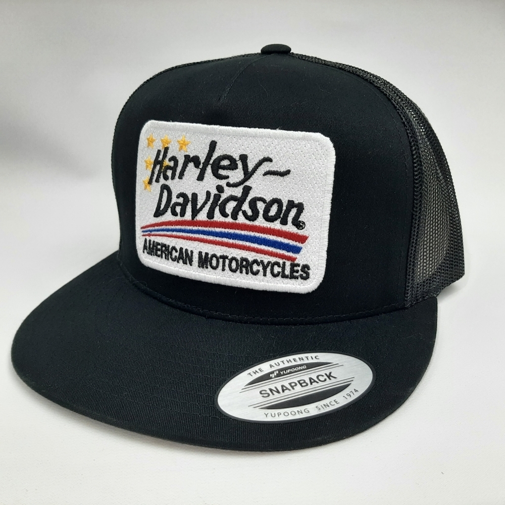 Vintage Harley Embroidered Patch Flat Bill Trucker Mesh Snapback Hat Cap Black